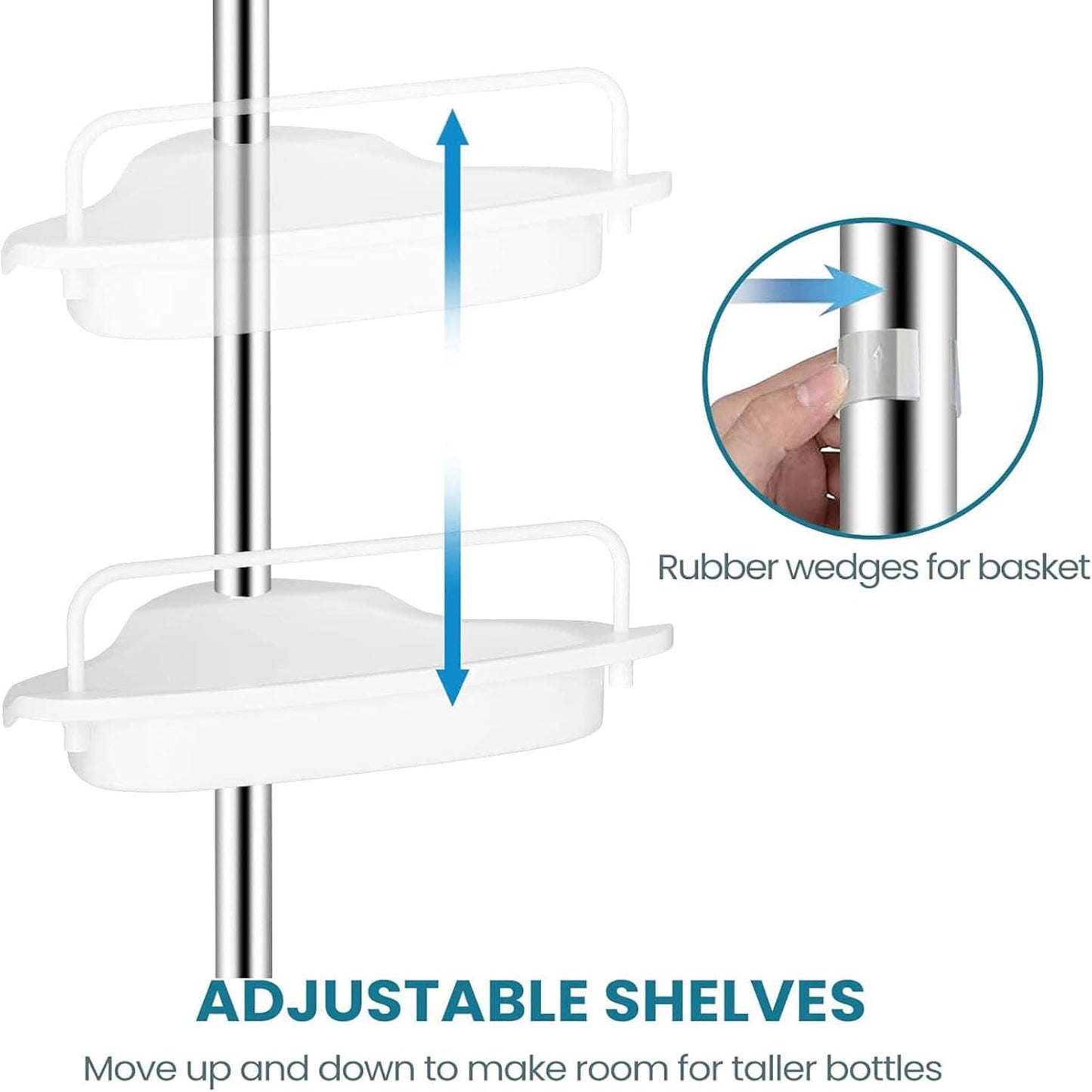Inllex Shower Caddy Tension Pole, 54-114 Inch Rustproof Corner Shower Caddy 4 Tier Adjustable Plastic Shelves for Bathtub Drill Free Shower Organizer Quick Installation Bathroom Storage Rack