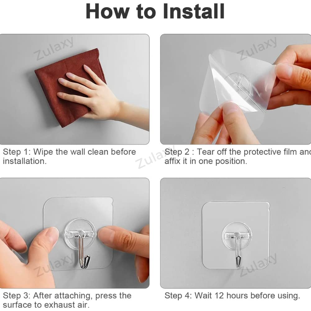 Zulaxy Photo Frame Hooks for Wall Without Drilling, 10 Pack Self Adhesive Hooks for Wall Heavy Duty Strong Nail Free for Hanging Photo Frame (Hanging Hook, Transparent) Stainless Steel