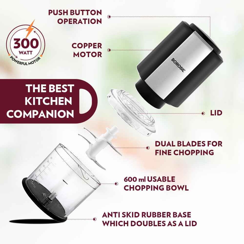 Borosil Chef Delite 300 Watts Electric Chopper for Kitchen, Twin Blade Technology, 600 ml 'chop-n-store' plastic bowl with lid, Vegetable Chopper, Cutter, Chop, Mince, Dice, Whisk, Blend