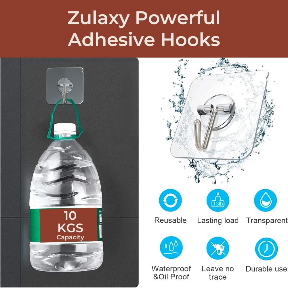 Zulaxy Photo Frame Hooks for Wall Without Drilling, 10 Pack Self Adhesive Hooks for Wall Heavy Duty Strong Nail Free for Hanging Photo Frame (Hanging Hook, Transparent) Stainless Steel