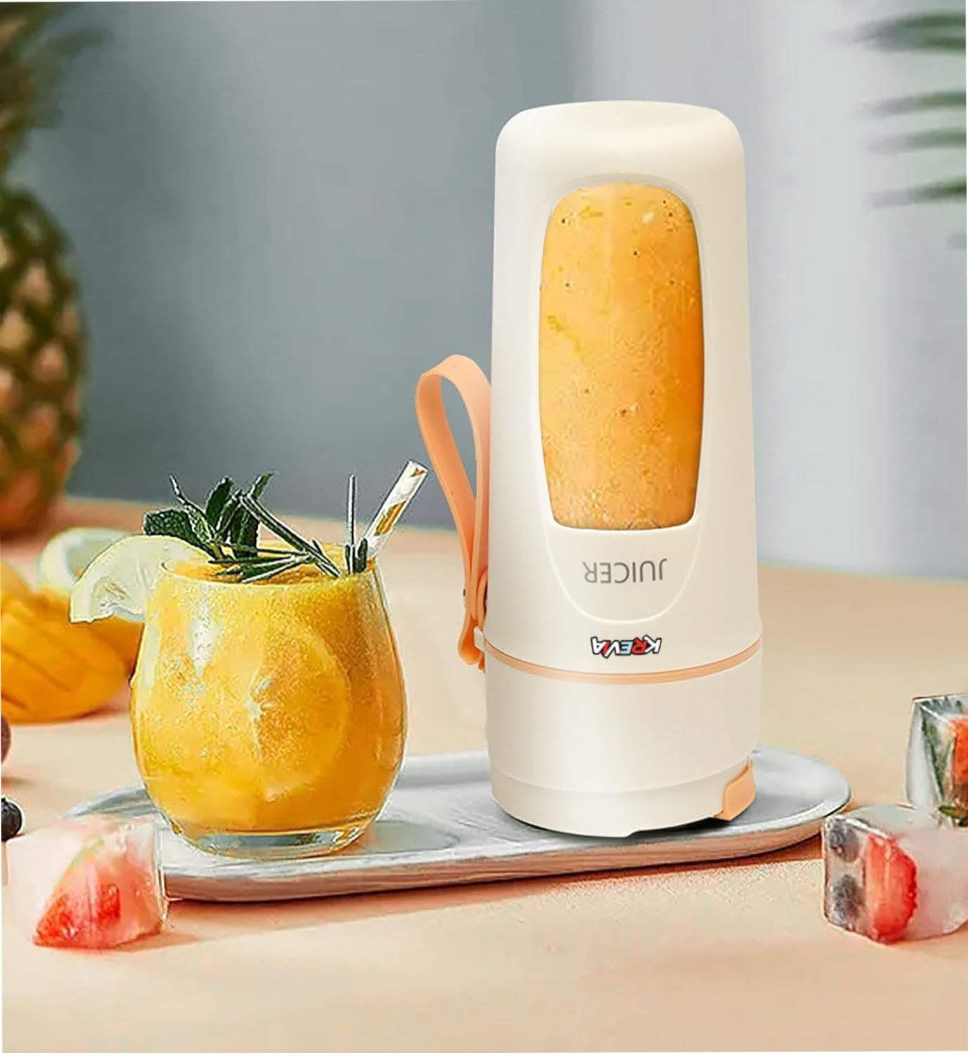 (Refurbished) Krevia Portable Juice Blender Bottle | Personal USB Rechargeable Mini Blender Shipper for Shakes and Smoothies | Fresh Fruit Electric Juice Mixer for Travel, Gym, Office and Sports 340ML (Off White)