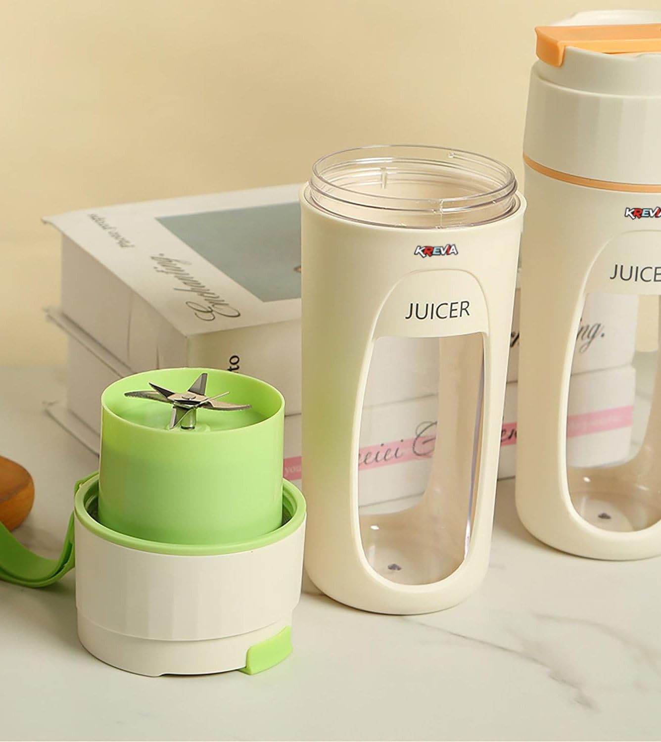 (Refurbished) Krevia Portable Juice Blender Bottle | Personal USB Rechargeable Mini Blender Shipper for Shakes and Smoothies | Fresh Fruit Electric Juice Mixer for Travel, Gym, Office and Sports 340ML (Off White)