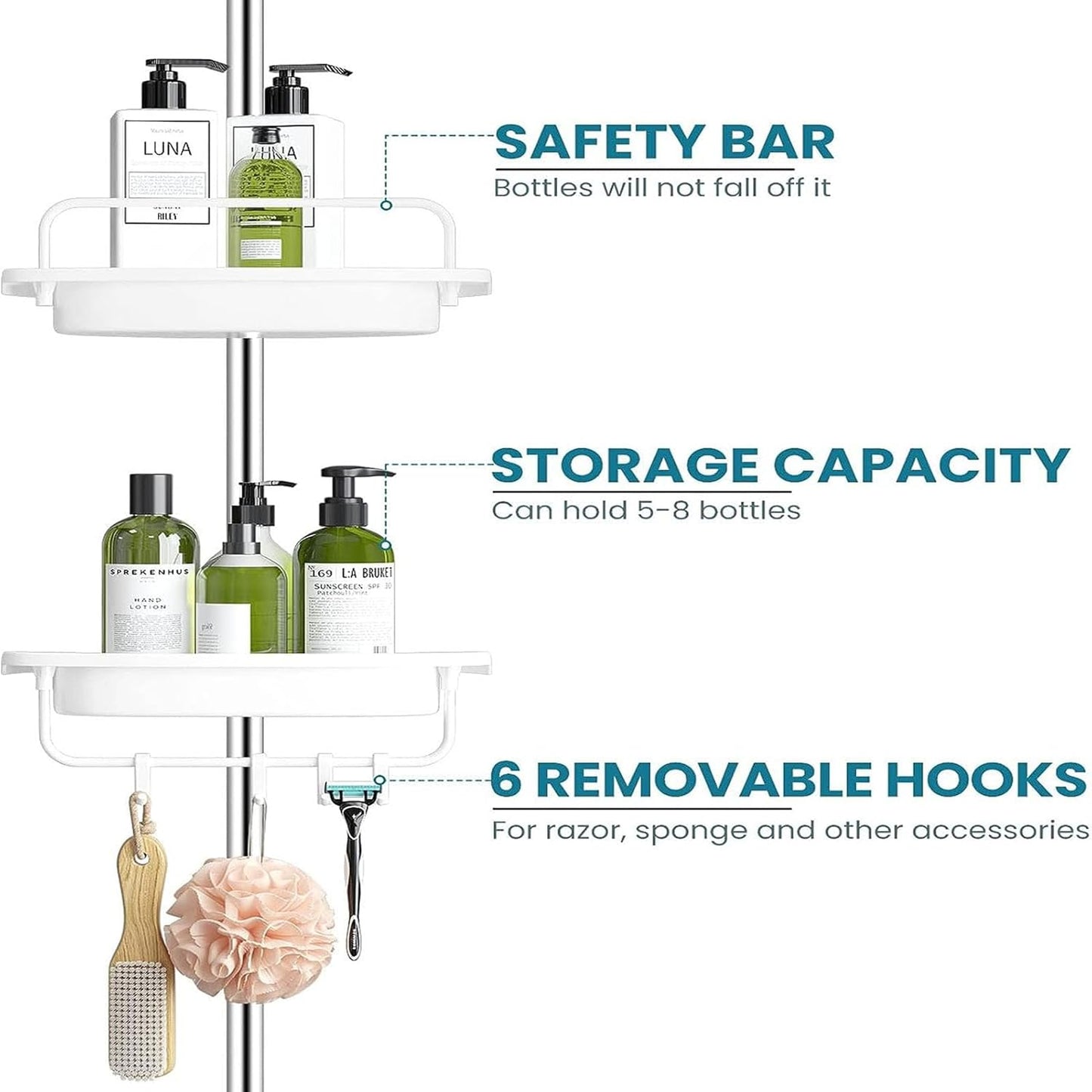 Inllex Shower Caddy Tension Pole, 54-114 Inch Rustproof Corner Shower Caddy 4 Tier Adjustable Plastic Shelves for Bathtub Drill Free Shower Organizer Quick Installation Bathroom Storage Rack
