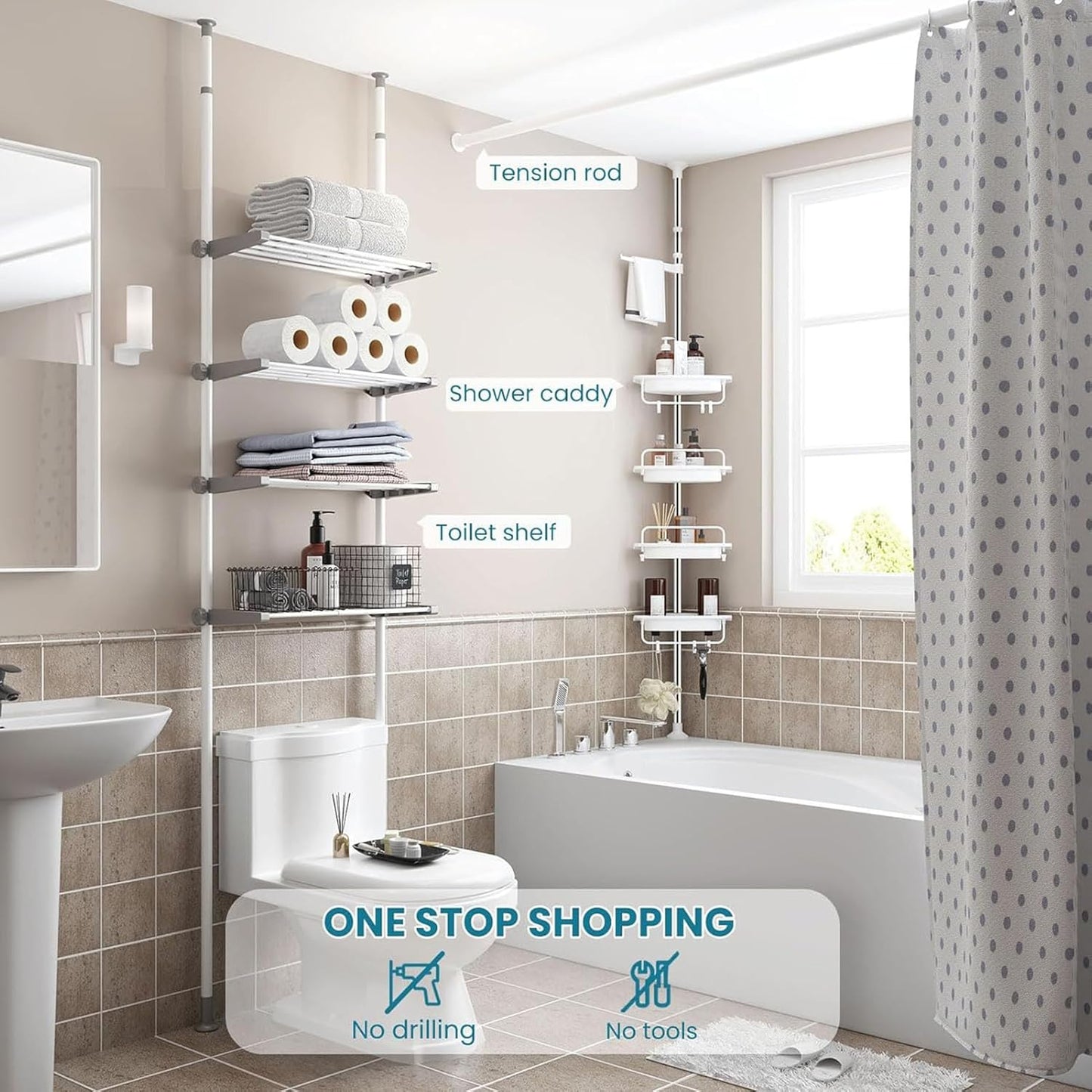 Inllex Shower Caddy Tension Pole, 54-114 Inch Rustproof Corner Shower Caddy 4 Tier Adjustable Plastic Shelves for Bathtub Drill Free Shower Organizer Quick Installation Bathroom Storage Rack