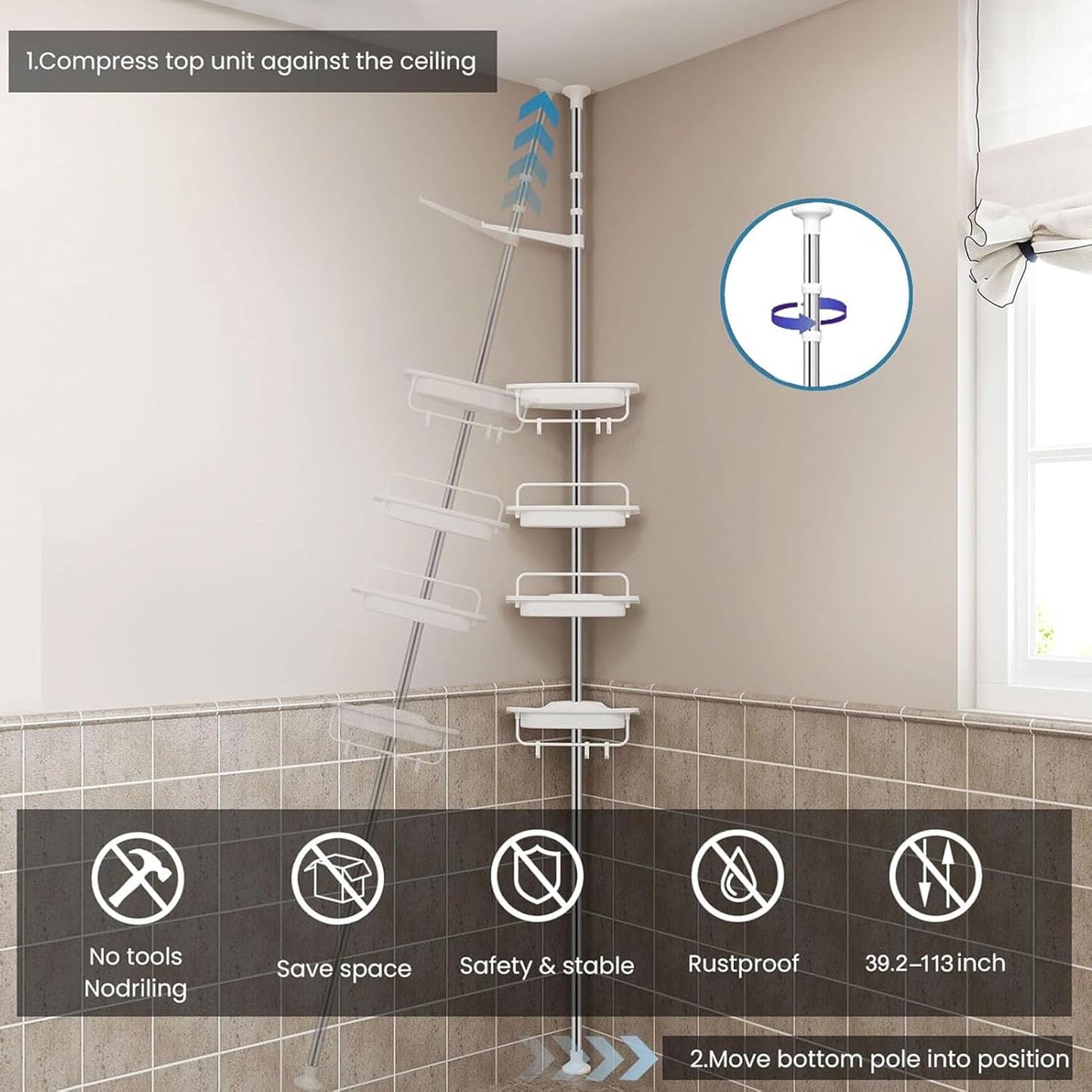 Inllex Shower Caddy Tension Pole, 54-114 Inch Rustproof Corner Shower Caddy 4 Tier Adjustable Plastic Shelves for Bathtub Drill Free Shower Organizer Quick Installation Bathroom Storage Rack