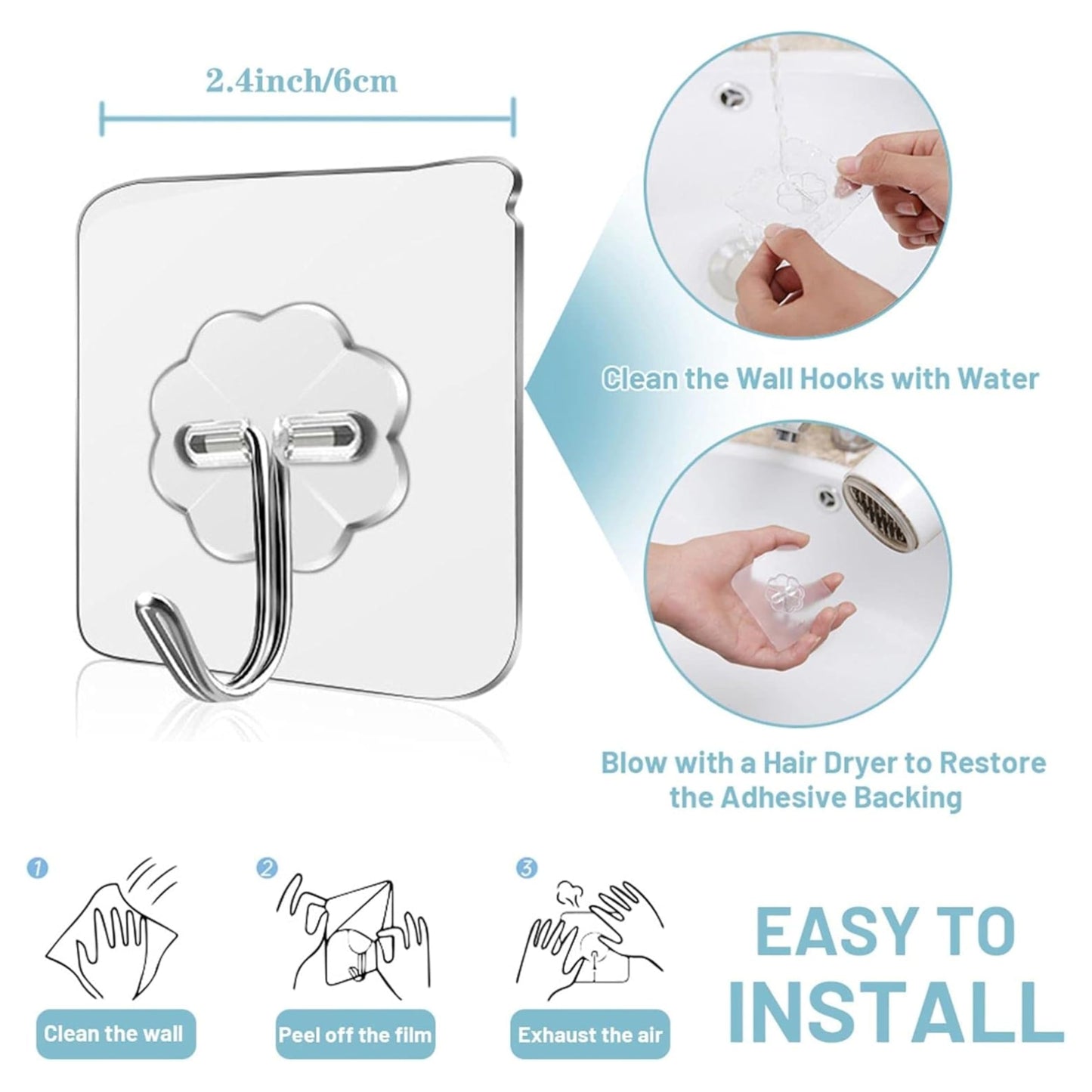 Zulaxy Photo Frame Hooks for Wall Without Drilling, 10 Pack Self Adhesive Hooks for Wall Heavy Duty Strong Nail Free for Hanging Photo Frame (Hanging Hook, Transparent) Stainless Steel