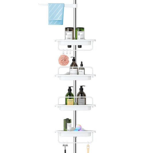Inllex Shower Caddy Tension Pole, 54-114 Inch Rustproof Corner Shower Caddy 4 Tier Adjustable Plastic Shelves for Bathtub Drill Free Shower Organizer Quick Installation Bathroom Storage Rack